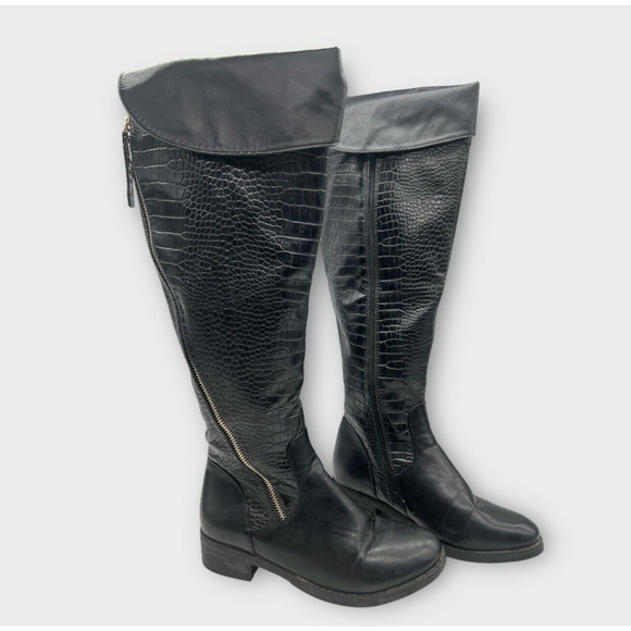 Journee Collection Knee High Black Snakeskin Fold Over Zipper Detail Boots 6.5 - Picture 1 of 8